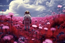 Astronaut Standing Amidst A Vibrant Purple Flower Field. Generative AI