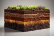 Layers of soil shown in a cross section, isolated on a light background. Generative AI