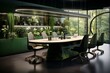 Meeting table and workstation in green office corner. Generative AI