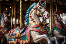 A beautifully adorned carousel horse standing amidst other colorful carousel animals. Generative AI