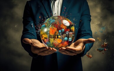 Poster - digital ball. Convergence of digital technologies and technologies. Blue light and wireframe network background.