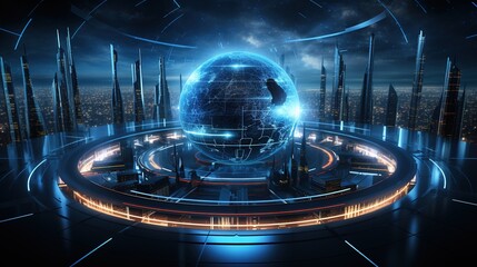 Poster - digital ball. Convergence of digital technologies and technologies. Blue light and wireframe network background.
