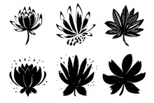 Set Of Lino Cut Grunge Flower Ink Stamp. Pack Of Contemprorary Texture Elements. Vector Illustration.
