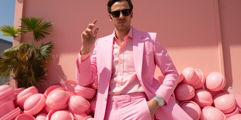 Canvas Print - A man in a pink suit and sunglasses is posing for the camera, AI