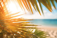 Abstract Blur Defocused Background, Nature Of Tropical Summer Beach With Rays Of Sun Light