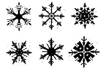 Grunge lino cut snowflakes stamps collection pack. Distressed textures set. Blank geometric shapes. Vector Illustration.