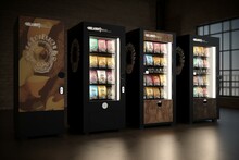 A Mockup Of Vending Machines For Adding New Graphic Design Labels And Packaging Solutions, Assisting Vendors In Promoting Their Company. Generative AI