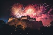 Edinburgh castle lit up with vibrant fireworks. Generative AI