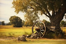 Serene Rural Scene With Charming Old Wagon Wheel. Generative AI