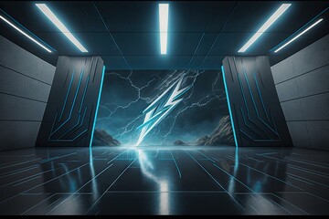 Wall Mural - Futuristic interior with glowing door and lightning