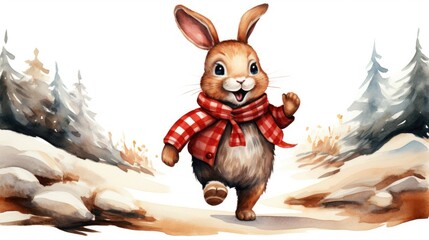 Wall Mural - Watercolor illustration of a rabbit in a red scarf and checkered shirt, AI