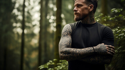 muscular man with nature themed tattoos in a forest