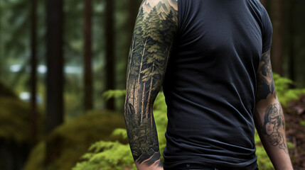 muscular man with nature themed tattoos in a forest