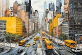 Fototapeta Miasta - Aerial perspective of NYC buildings, cityscape, traffic, yellow cabs, infrastructure. Generative AI
