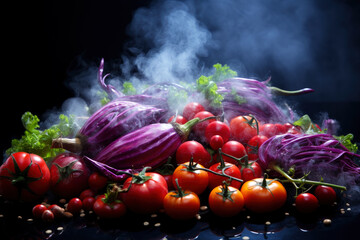 Wall Mural - Fresh ripe vegetables with smoke on black background, healthy eating concept