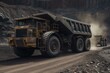 Extraction of magnetite and iron ore from open-pit mines, loading onto large trucks. Generative AI