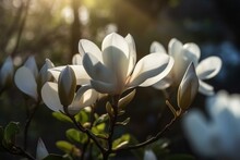 Blooming Yulan Magnolia Flowers On A Sunny Spring Day, Embracing The Awakening Of Nature. Generative AI