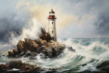 An Oil Painting Of A Coastal Lighthouse. Generative AI