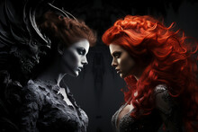 Generative AI Illustration Of Two Female Angels Opposition Grey Dark And Fire Red Hair