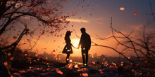 Soulmates Silhouetted On A Hill Overlooking A City Skyline  With Cherry Blossoms At Sunset.