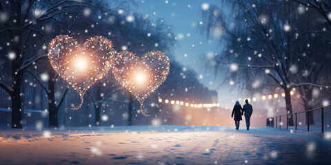 Soulmates silhouetted in a street with snow floating in the air and 2 love hearts of light floating behind them.