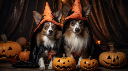 Two dogs in Halloween costumes on a spooky background