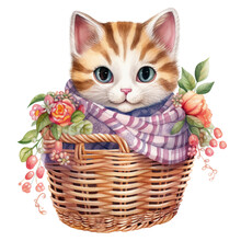 AI Generative Cute Chubby Cat With Scarf On Basket With Beautiful Flower