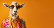 Cool looking goat wearing funky fashion dress - jacket, tie, glasses. Wide banner with space for text at side. Stylish animal posing as supermodel. Generative AI