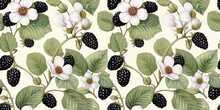 Seamless Pattern With Blackberry And Blossom Branches On White Background. Concept: Delicate Organic Motifs.
