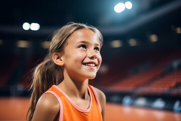 Sticker - portrait of smiling little girl in sportswear looking away at stadium