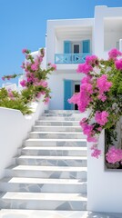  Professional Shot of a Mediterranea House in Greece. Amazing Magenta Flowers creating this shot Captivating. 