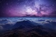 surreal purple magical night landscape in mountains above the clouds. starry night with sky, galaxies and milky way. peace and eternity. Generative AI.
