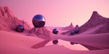 Desert With Purple Steel Mirror Sphere Orbit Reflected On Surface Of Pink Water River. Surrealism Pink Sky Sunset, Simultaneously Aesthetic. Long Horizontal Banner. Generative AI. 