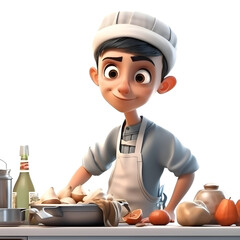 Sticker - 3D illustration of a cute chef with apron cooking in the kitchen