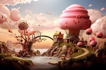 Wall Mural - generative ai collage photo of sweets biscuits city with magical buildings garden