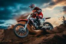 Created Using Generative AI Image Of Rider Driving In Extremely Risky Motocross Race On A Dirt Sandy Track
