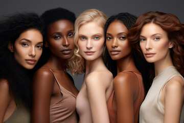 Generative AI portrait group of attractive female fashion models amazing appearance skin all races tones ethnicity