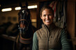 Photo portrait of beautiful woman horse racing sportive contest with an equestrian or horse background generative AI
