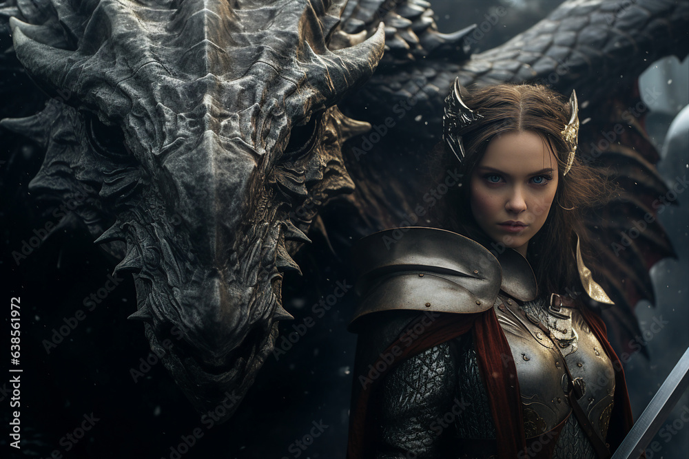 Generative ai collage photo of warrior with dragon fight in fantasy ...