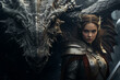 © deagreez - Generative ai collage photo of warrior with dragon fight in fantasy magic combat battle
