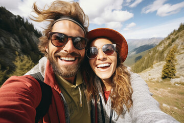 Poster - Generative AI picture of nice couple traveling together winter autumn spring mountains making selfies beautiful landscape nature