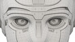 Closeup view of detailed robot face or cyborg head on transparent background. 3d rendering in wireframe