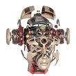 Exploded view of a very detailed futuristic robot head or cyborg face rendered in many small pieces. 3D illustration