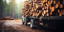 A Stack Of Wooden Logs In Big Trailer Vehicle. Generative AI