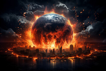 Poster - generative ai colage image picture of burning earth destroying by ecological catastrophe wars battle