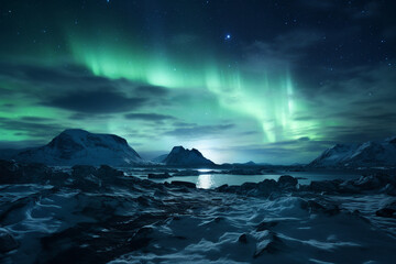 Poster - generative ai collage image picture of amazing view north landscape with green aurora borealis light