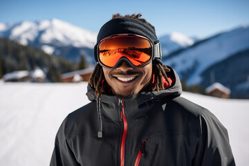 Generative AI photography of happy man wear sunglasses spending weekend at ski resort winter holiday concept