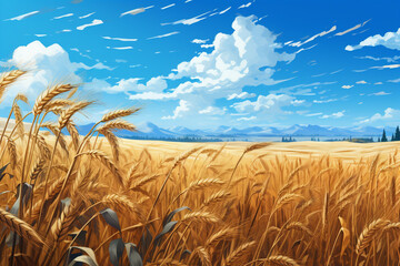 Wall Mural - beautiful illustration of a field of ripe wheat against blue sky. 