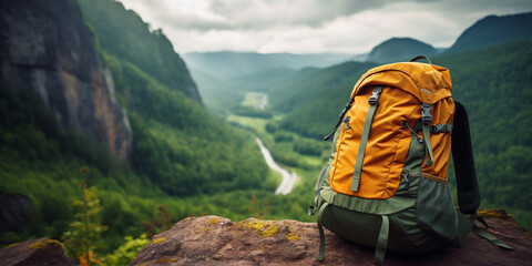 Wall Mural - travel backpack on blurred amazing wild nature background.  