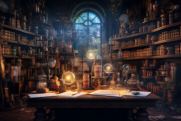 Poster - Generative ai collage image picture of alchemist lab with potion cauldron for making magical dark spell
